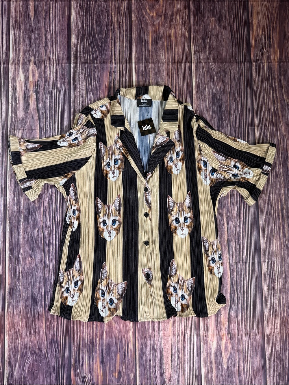 NWT Dressed in Lala The World is Yours Plissé top in the Pretty Kitty print 3XL - Picture 3 of 6